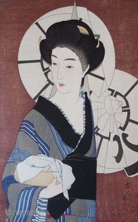 Japanse Ukiyo-e Woodblock Print by Torii Kotondo
Japanese woodblock print of a robed geisha emerging from behind a red cloth noren, titled "After the Bath" by Torii Kotondo (1900-1976). From his "12 Aspects  ...