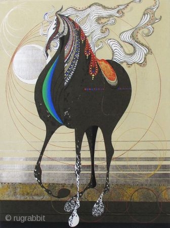 Large Nakayama Tadashi Woodblock Print of Horse, Titled, "Cyclone"
Large Japanese woodblock print of a horse by the artist Nakayama, Tadashi (born 1927). Titled, "Cyclone". This image of a horse stands with it's  ...