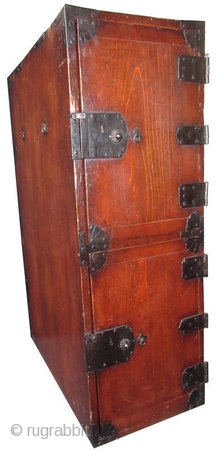 Original Antique Japanese Kiri Two Door Gyosho Bako
Original Antique Japanese gyosho bako (merchant's chest) made from kiri (paulownia) wood with a red lacquer finish. Its front features two doors on iron hinges,  ...