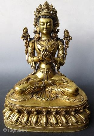 18th Century Sino-Tibetan Gilt Bronze Seated Bodhisattva

A Sino-Tibetan gilt bronze statue of Maitreya, regarded by this world as a future Buddha in succession after the current Sakyamuni Buddha. Tradition teaches that Maitreya  ...