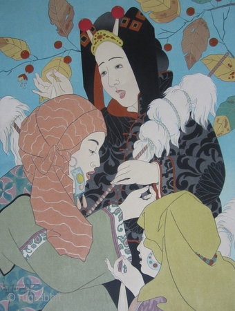 Paul Jacoulet print, Le Chant des Fileuses, Mongolie

Woodblock print by Paul Jacoulet entitled "Le Chant des Fileuses, Mongolie" ("The Song of the Spinners, Mongolia"), depicting a group of three young Mongolian women  ...