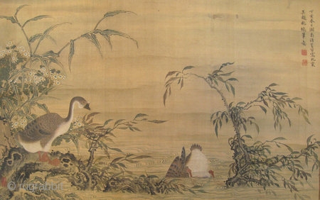 Chinese Scroll Painting of Geese by Zhu Gejian


Chinese antique scroll painting of pair of geese, one sitting on branch, the other fishing in the river with bottom up, wonderful detail, painted in  ...