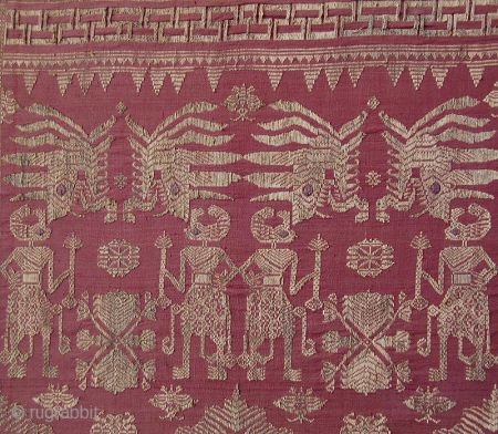 Framed Balinese Kampuh Songket Men's Ceremonial Wrapper

Antique framed Balinese kampuh songket, a men's ceremonial wrapper cloth, handmade with supplementary weft silk, cotton, gold and silver thread. The red ground cloth with gold  ...