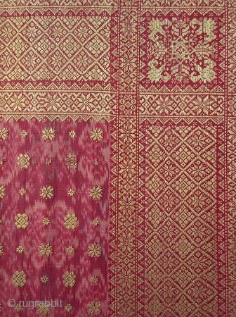 Antique Malaysian Palembang Songket Head Cloth

A mounted hand-woven Malaysian Songket head cloth from the Palembang region of South Sumatra. Weft ikat, supplementary weft weave, silk and gold thread with natural dye. The  ...