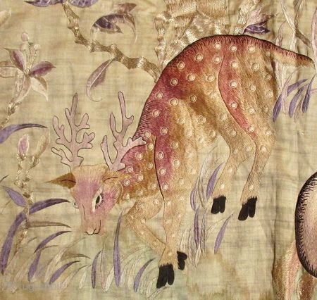 Large Chinese Silk Embroidery with Deer and Birds


A large Chinese hand-embroidery with silk and gold thread and decorative beads. The upper panel of the tapestry depicts two birds perched on gold and  ...