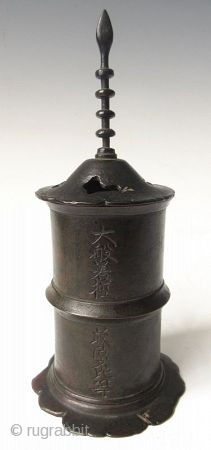 Antique Japanese Bronze Sutra Container

Antique Japanese bronze sutra container of a pagoda form with very tall finial and calligraphy inscription. The bronze shows beautiful green patina inside and on the foot and  ...