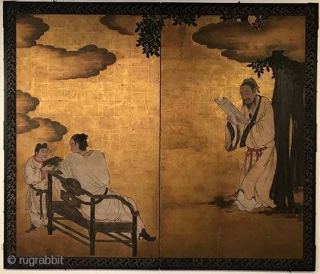 18th Century Japanese Byobu: The Longevity Turtle

Early 18th C Edo period Japanese byobu painted screen of scholars in retreat. It is composed of 2 panels. The screen has a predominate gold leaf  ...