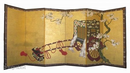 18th Century Japanese 6-panel Gosho-Guruma Carriage Screen

Antique Japanese 6-panel byobu screen painting depicting a noble woman's carriage (gosho-guruma) parked under a blossoming cherry tree (sakura). The tassel cords are untied. The yoke  ...