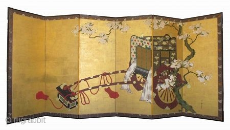 18th Century Japanese 6-panel Gosho-Guruma Carriage Screen

Antique Japanese 6-panel byobu screen painting depicting a noble woman's carriage (gosho-guruma) parked under a blossoming cherry tree (sakura). The tassel cords are untied. The yoke  ...