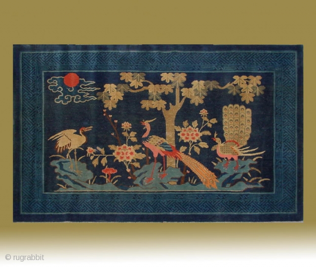 No.Lu90 * Chinese Antique Rug "Crane+Phoenixs+Flowers". Age:Late 19th Century. Size:128x207cm(4'2"x6'9"). Origin:Baotou-Suiyuan. Shape:Rectangle. Background Color:Blues                   