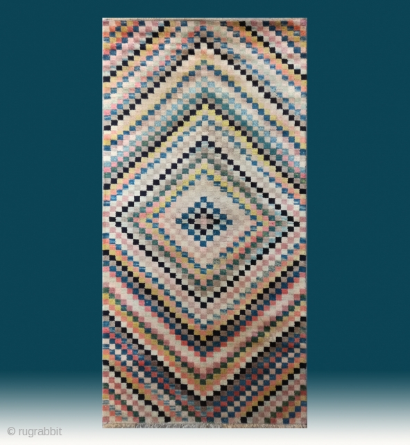 No.CL058 * Tibetan Antique"Rainbow Checkerboard" Rug.Age:19/20th Century.Size:90x172cm（2'11"x5'8").Origin:Tibetan. Shape:Rectangle.Background Color:Off-whites,lvory. wool/wool.
This exquisite rainbow checkerboard rug has the striking visual appeal of modern Western op-art. Many Westerners are surprised by the contemporary appeal of  ...