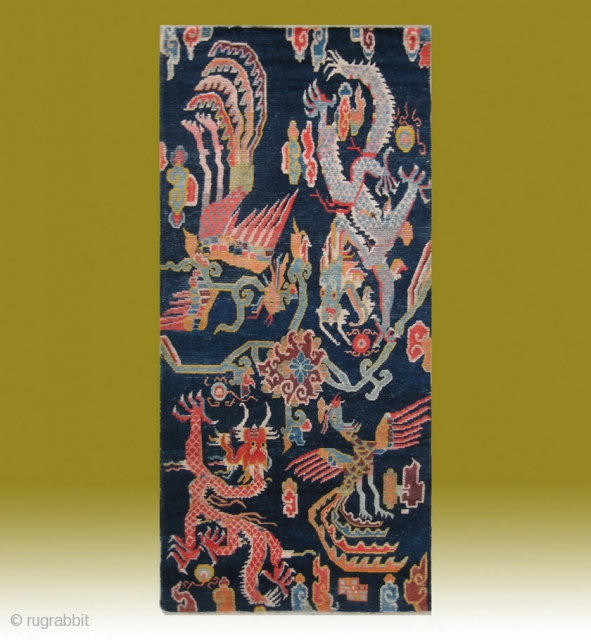No.CL008 * Tibetan Antique "Dragon & Phoenix" Rug. Size:86x187cm(34"x74"). Age:19th Century. Origin:Tibet. Shape:Rectangle. Background Color:Blues .                 