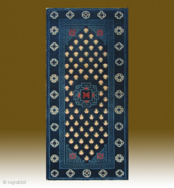 No.P50 * Chinese Antique "Footprint of the Frog" Rug , Age:19/20th Century. Size:54x113cm(21"x44"). Origin:Baotou-Suiyuan. Shape:Rectangle. Background Color:Blues.                