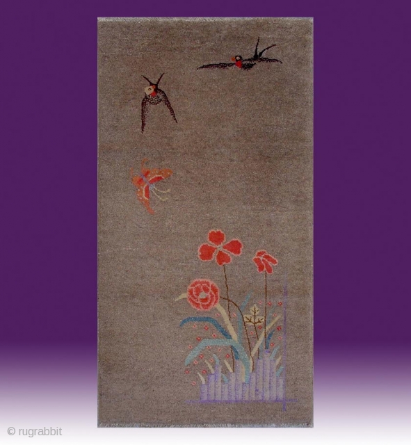 No.X0023 * Chinese Antique "Swallows + Peony " Rug. Age: 19/20th Century.Size: 63x120cm (25"x47"). Origin: Baotou. Shape: Rectangle. Background Color: Camel Colors.           