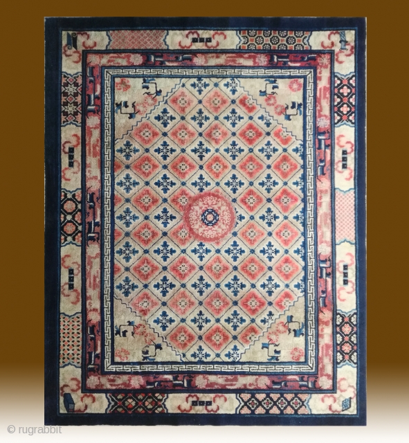No.R160 * Chinese Antique Rug "Lotus Medallion",Age: Late 19th Century, Size:183x235cm (6'x7'9"). Origin: Baotou-Suiyuan.Shape: Rectangle.Background Color: Off-whites,lvory.                