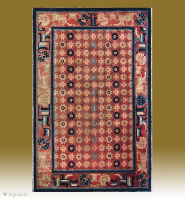 No.CL039 * Chinese Antique "Flower Lattice Brocade Pattern" Rug,  Size:120x186cm(47"x73"). Age:19th Century..Origin: Baotou-Suiyuan.Shape: Rectangle. Background Color: Reds.
This carpet from inner Mongolia features a field of the flower lattice brocade pattern. The  ...