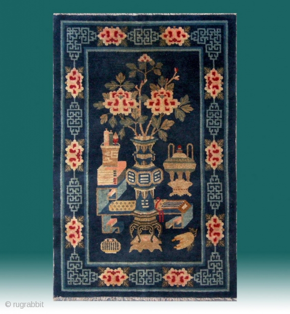 No.R151 * Chinese Antique Rug . Age: 19th Century. Size: 100x156cm(39"x61"). Origin: Baotou-Suiyuan Shape: Rectangle. Background Color: Blues. The carpet shows the symbols of the Four Accomplishments:The lute, the chessboard, the paintings  ...