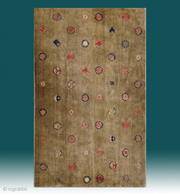 No.CL018 * Chinese Antique "Wonderful Happy Wheels" Rug , Age: Mid-19th Century. Size: 122x198cm(4‘x6’6“).Origin: Baotou-Suiyuan.Shape: Rectangle. Background Color: Yellows.              