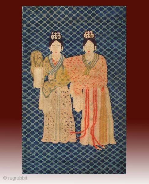 No.CL032 * Chinese Antique Rug “Two Ladies” ,Origin: Baotou-Suiyuan. Age: 19th Century. Size: 66x115cm(30"x45").Shape: Rectangle .Material: 100% Wool.Woven: Hand-knotted. Background Color: Blues.           