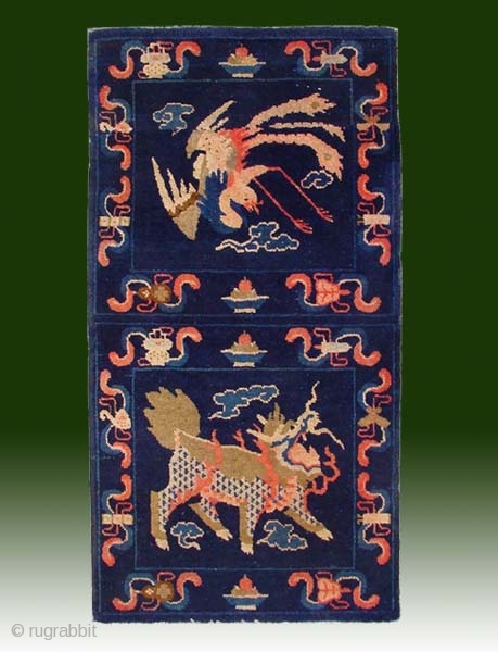 No.R092 * Chinese Antique Mat-Rug "Phoenix and Unicorn(Kylin)" .Age:19th Century. Size: 58x110cm ( 2'1" x 3'7" ). Origin:Baotou-Suiyuan. Shape:Rectangle. Background Color:Blues. 
A set of hanging rug with the kings of Sky and  ...