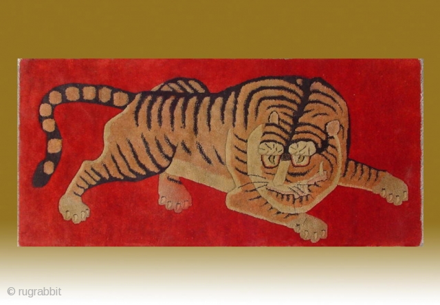 No.R154 * Chinese Antique Tiger Rug ,Age: Early 20th Century.Size: 63x132cm(2'1"x4'4").Origin: Baotou-Suiyuan. Shape: Rectangle. Background Color: Reds.                