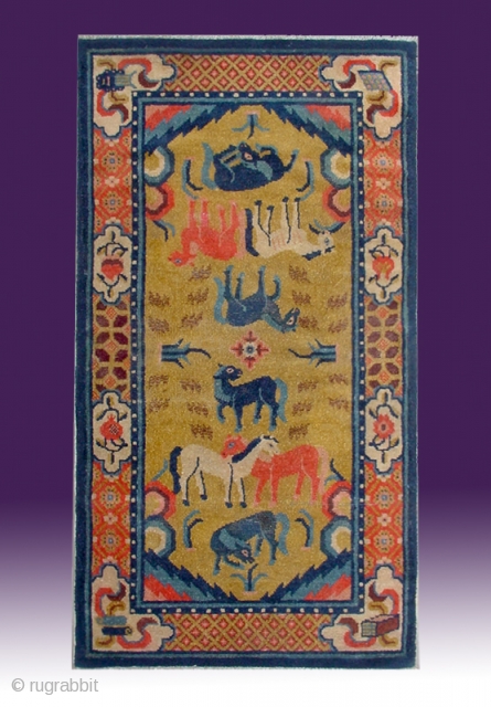 No.C004 * Chinese Antique "Eight Horses" Rug . Origin: Baotou-Suiyuan. Shape: Rectangle Age: 19th Century Size: 71x142cm(2'4"x4'8"). Background Color: Yellows .
Chinese Rug with Eight Horses, This is an unusual rug from Mongolia.  ...