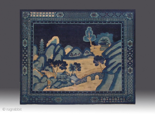 No.R018 * Chinese Antique "Landscape" Rug  Size:150x180cm(4'11"x5'11").Origin: Baotou-Suiyuan Shape: Rectangle. Background Color: Blues.                   