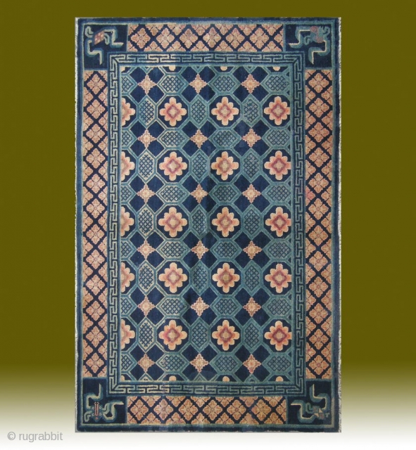 No.CL044 * Chinese Antique "Turtle Back Design" Rug. Age:19th Century.Size:130x201cm(4'3"x6'7"). Origin:Baotou-Suiyuan. Shape:Rectangle. Background Color:Blues.                   