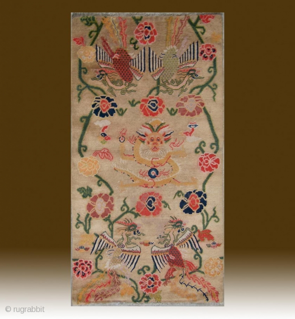 No.CL007 * Tibetan Antique "Super Dragon & Four Phoenix" Rug..Age: 19/20th Century. Size:87x164cm(34"x65"). Origin:Tibet. Shape:Rectangle. Background Color: Camels.               
