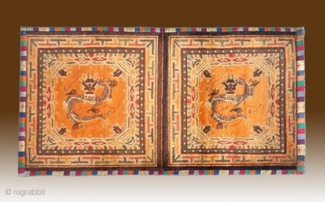 No.DX021 * Chinese Rug-Mat "Dragon" , Origin:Gansu-Qinghai Shape: Rectangle Age: About 100 years old Size: 72x133cm(2'4"x4'4") .Background Color: Oranges. A magnificent dragon with a striking mane holding four flaming gems. a mountain,  ...