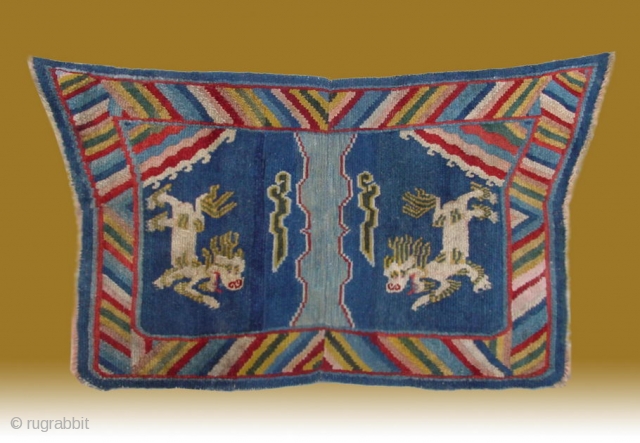 No.A0056 * Tibet  "Fo Dog" Laddy Saddle Rug, Size:70x124cm(28"x49").
Origin:Tibet. Shape:Papilionaceous. Background Color:Blues. wool/wool                   