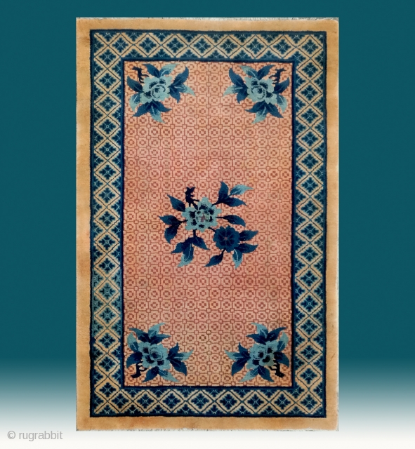 No.R161 * Chinese Antique "Peony Flower" Rug ,Origin: Baotou.Age:19/20th Century. Size: 100x1160cm(3'4"x5'3").Background Color:Wood Yellows.                   