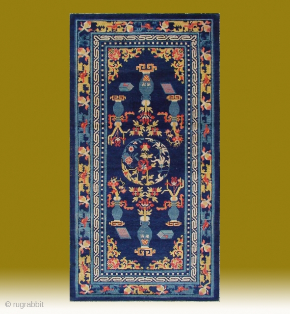 No.CL061 * Chinese Antique Ningxia Rug "Eight Buddhist and Daoist Symbols" from Tibet,Age: Early 19th Century. Size: 83x160cm(33"x63").Origin: Ningxia.Shape: Rectangle.Background Color: Blues.           