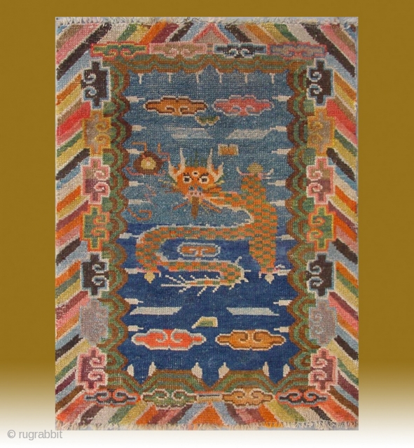 No.CL064 * Tibetan "Single Dragon" Prayer Mat-Rug ,Late 19th Century. wool/wool. Origin: Tibet Shape: Rectangle. Size: 50x85cm(1'6"x2'9").  Background Color: Blues            