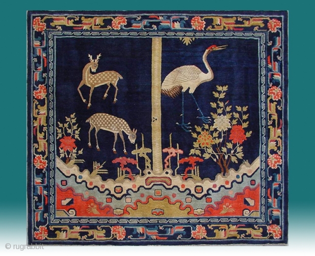 No.R163 * Chinese Antique "Deer + Crane" Temple Rug, Age: Late 19th Century.Size: 180x198cm (5'11"x6'6").Origin: Baotou-Suiyuan. Shape:Square. Background Color: Blues.             