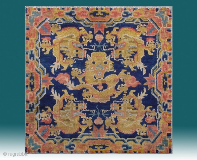 No.CL065 * Chinese Antique Ningxia Rugs-Mat "Five Dragons" from Tibet. Size:69x69cm(27"x27"). Age:19th Century. Origin:Ningxia. Shape:Square. Background Color:Blues.                