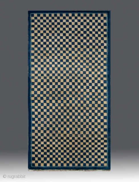 No.CL063 * Chinese Antique Rug "Checkerboard Design", Origin:Baotou-Suiyuan. Late 19th Century. Size:90x172cm(35"x68").Shape:Rectangle. 
Background Color:White & Blues.                 