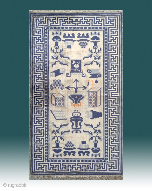 No.M77 * Chinese Antique Silk Rug .Origin: Baotou.Size: 69x120cm(2'3"x3'11"). 
Shape: Rectangle.Background Color: Off-whites,lvory . In the field there are Four Accomplishments and the objects from the Hundred Antiquities. Cotton warp and weft  ...