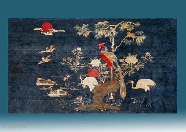 No.R138 * Chinese Antique "Phoenix+Bird" Rug , Age: 19th Century. Size: 113x200cm(44"x79").Origin: Baotou-Suiyuan.Shape: Rectangle. Background Color: Blues.                