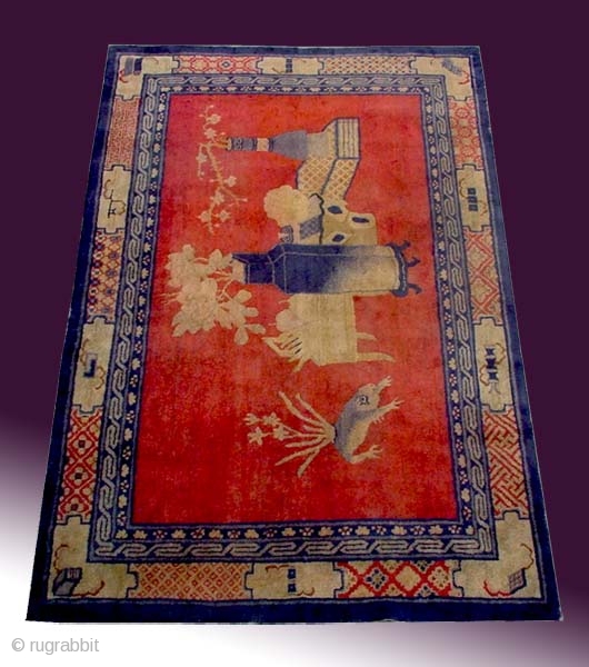 No.R020 * Chinese Antique "Frog + Vase" Rug , Size: 132x205cm(4'4"x6'9").Origin: Baotou-Suiyuan.Shape: Rectangle. Background Color: Reds.This great pictorial carpet tells the story of China's four seasons. The very whimsical frog with flowers  ...