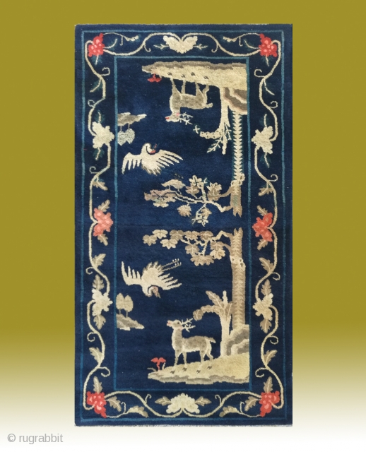 No.R013 * Chinese Antique "Crane + Deer" Rug , Age: 20th Century. Size: 76x138cm(30"x54").Origin: Baotou-Suiyuan.Shape: Rectangle. Background Color: Blues              