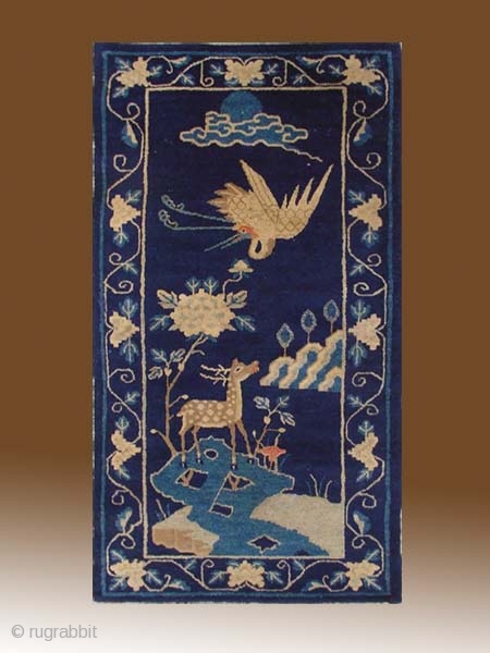 No.R103 * Chinese Antique "Crane + Deer" Rug ,Size: 67x131cm(26"x52").Origin: Baotou-Suiyuan.Shape: Rectangle. Background Color: Blues 
                 