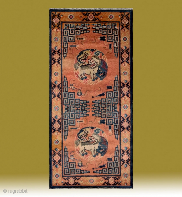 No.CL053 * Chinese Antique "Fo Dogs" Runner Rug from Tibet , Age:19/20th Century.
Size:71x150cm(2'4"x4'11"). Origin:Ningxia. Shape:Rectangle. Background Color:Oranges.                