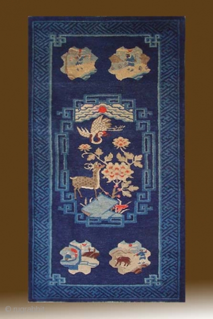 No.R101 * Chinese Antique "Deer+Crane" Rug , Age: 19/20th Century. Size: 69x137cm(27"x54").Origin: Baotou.Shape: Rectangle.Background Color: Blues                 