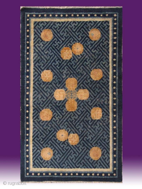 No.A0034 * Chinese Antique Ningxia Rug "Happy Balls + Swastikas Design" , Age: 19th Century Size: 74x130cm(29" x 51" ). Origin: Ningxia Shape: Rectangle.Background Color: Blues.       