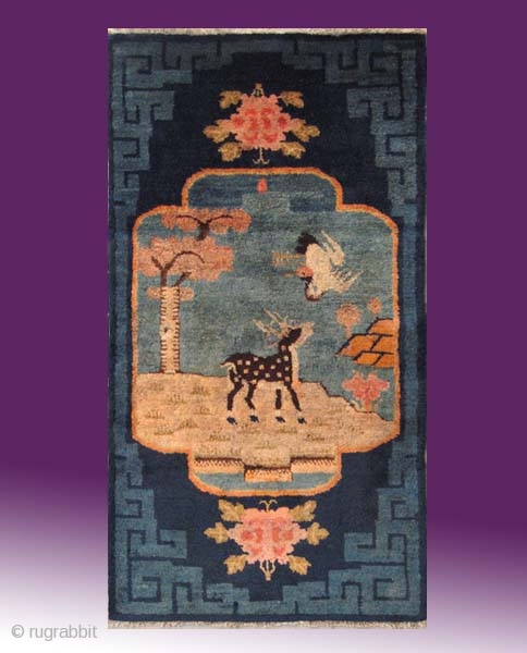 No.A0036 * Chinese Antique "Deer+Crane" Rug,Size: 59x103cm(23"x41"). Origin: Baotou.Shape: Rectangle.Background Color: Blues                     