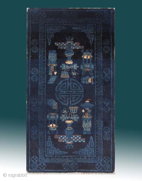No.A0039 * Chinese Antique Rug,Size: 67x127cm(26"x50").Age: 19/20th Century. Origin: Baotou.Shape: Rectangle.Background Color: Blues                    