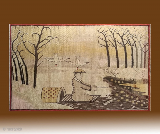 No.X0027 * Chinese Khotan "Landscape + Fisherman" Antique Rug. Age: 19th Century. Origin: Xinjiang-Khotan. Shape: Rectangle. Size: 127x244cm(5'2"x8'1").               