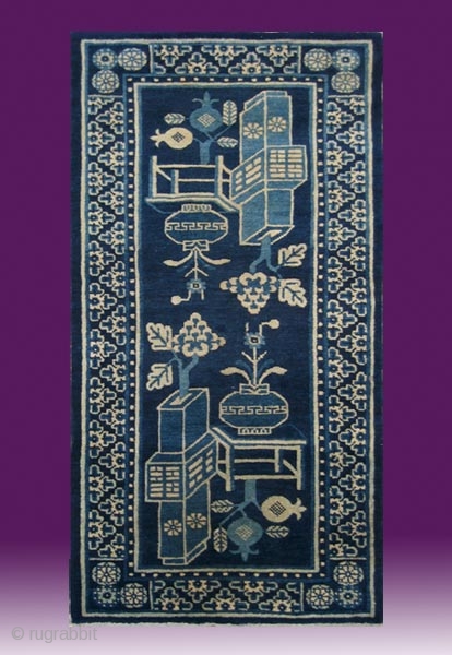 No.R144 * Chinese Antique "Vase Design" Rug,Size: 67x137cm(26"x54").Origin: Baotou.Shape: Rectangle.Background Color: Blues.                     