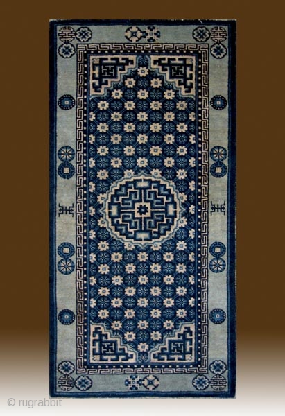 No.R148 * Chinese Antique “Chrysanthemum + Ball Flowers” Rug,Age:19th Century.Size:63x129cm(25"x51"),Origin: Baotou-Suiyuan. Shape: Rectangle,Background Color: Blues. 
                 